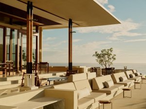 Amanera Dominikanische Republik Casa Grand Terrace – große Terrasse mit Sonnenliegen und weitem Blick Richtung Bucht | nova-reisen