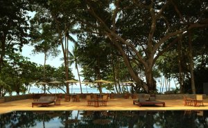 Amanpuri Thailand Pool Terrace – gedeckter Tisch am Pool mit Blick auf die Andamanensee und tropische Bäume | nova-reisen