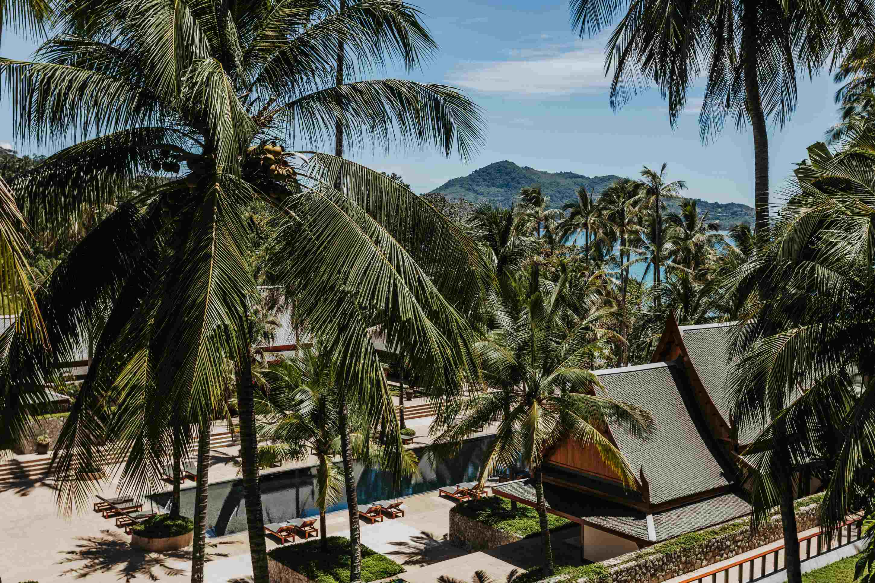 Amanpuri Thailand Lobby &ndash; Luftaufnahme des Resortbereichs mit Palmen, D&auml;chern und Blick Richtung Meer | nova-reisen