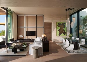 Luxuriöse Hill Villa im Maxx Royal Bodrum mit modernem Wohn- und Essbereich, Designermöbeln, großflächigen Fenstern und stilvoller Kunst – exklusives Hideaway an der türkischen Riviera.