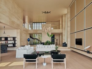 Großzügiger Wohnbereich im Maxx Royal Bodrum mit hoher Decke, moderner Einrichtung, Designermöbeln und stilvoller Beleuchtung – luxuriöses Interieur für exklusive Aufenthalte an der türkischen Riviera.