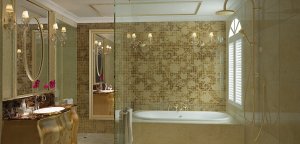 Luxuriöses Badezimmer einer Grand Suite auf dem Mekong Navigator, Mekong Flusskreuzfahrt, Vietnam