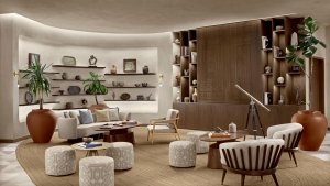 Conservation House – Innenraum: stilvolles Interieur mit Naturakzenten und großem Esstisch | Saudi‑Arabien, Nujuma