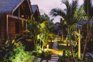 foto garten bungalows am abend mit viel gras und vielen exotischen pflanzen und bungalows mit stroh dächern im schönen exklusiven klassischen urigen und altmodischen hotel phun baitang in kambodscha asien 