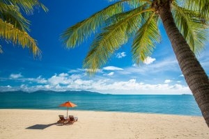 sanstrand mit zwei sonnenliegen und einer palme im vordergrund das meer ist azur blau beim modernen und luxuriösen designer hotel und resort santiburi auf koh samui in thailand asien