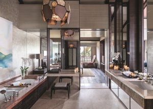 großes und modernes Bad mit viel Platz und zwei Waschbecken im Luxushotel Sri Lanka Shangri-La’s Hambantota Golf Resort & Spa auf Sri Lanka buchbar bei Prestige Resorts Indischer Ozean