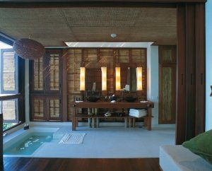 luxus badezimmer mit ausblick im six senses samui resort auf koh samui thailand