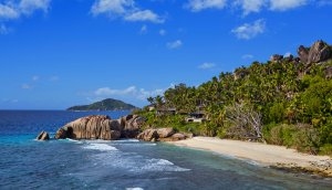 Blick auf das Six Senses Zil Pasyon von oben mit weißem Sandstrand und saphirblauem Wasser Luxusresort Felicite Island
