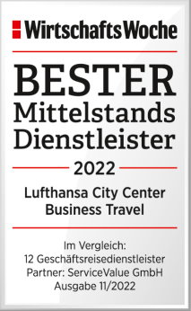 Lufthansa City Center bieten Beste Kundenberatung und Bester Mittelstands Dienstleister 2021 laut Handelsblatt mit einer Note von 1,9